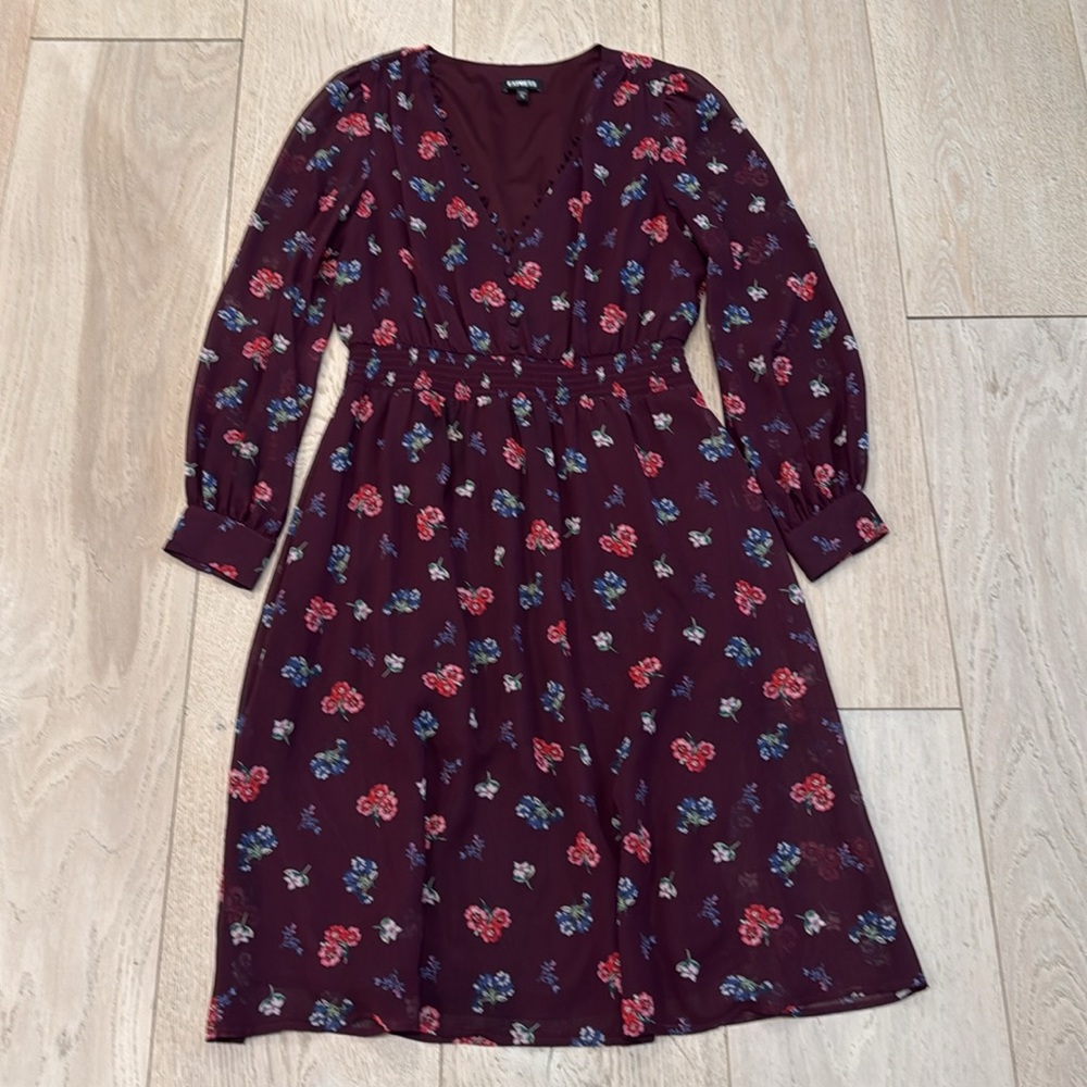Express V-Neck Floral Printed Long Sleeve Dress in Size Medium